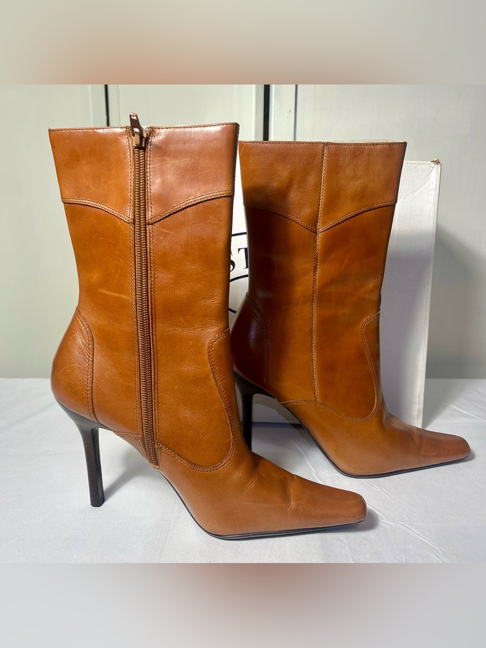 Steve Madden Wo Sz 6.5 Cognac Leather Mid-Calf Pointed-Toe Stiletto Boots
